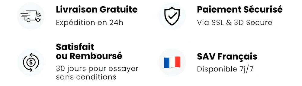 Livraison gratuite · Paiement sécurisé · Satisfait ou remboursé · SAV Français